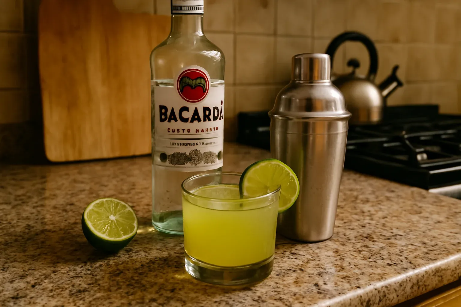 Cocktail made with Bacardi rum, lime, and a shaker on a kitchen countertop.
