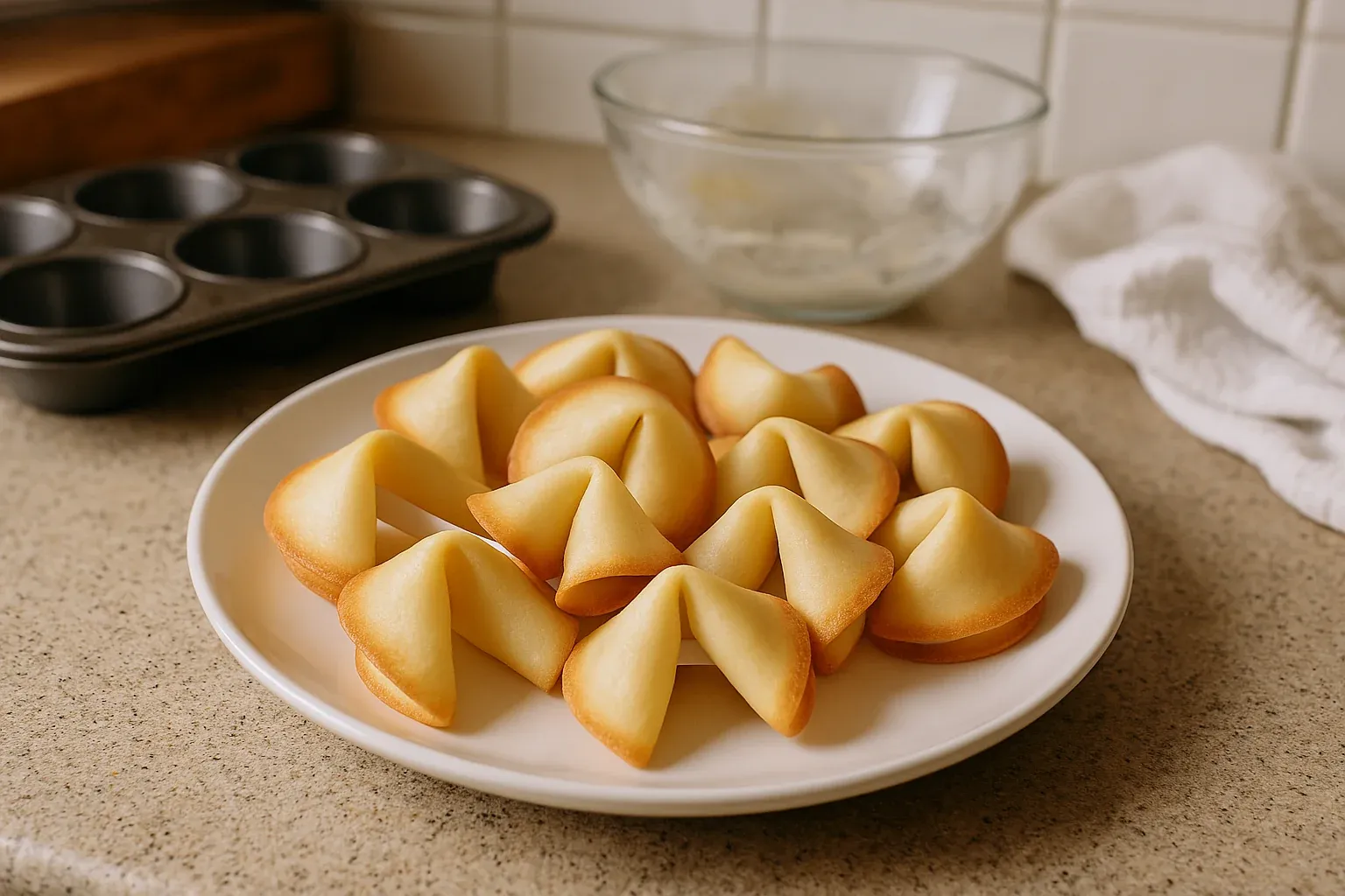Homemade fortune cookies on a white plate, with a muffin tin and mixing bowl in the background on a kitchen counter.