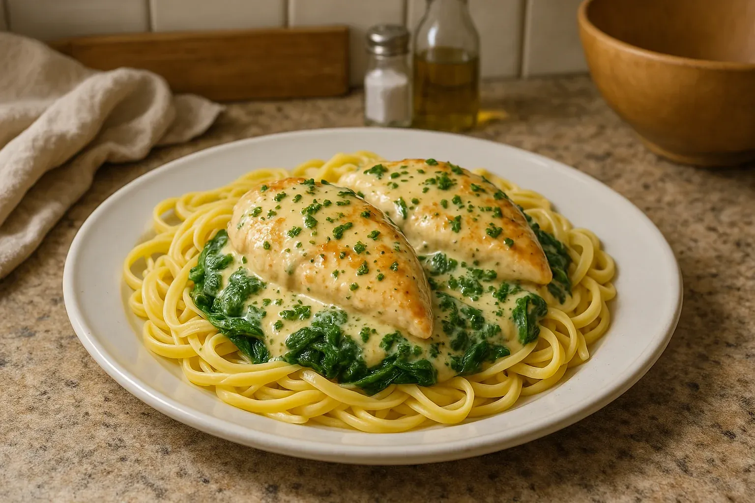 Creamy chicken breasts served over linguine pasta with spinach in a white sauce, garnished with chopped herbs.
