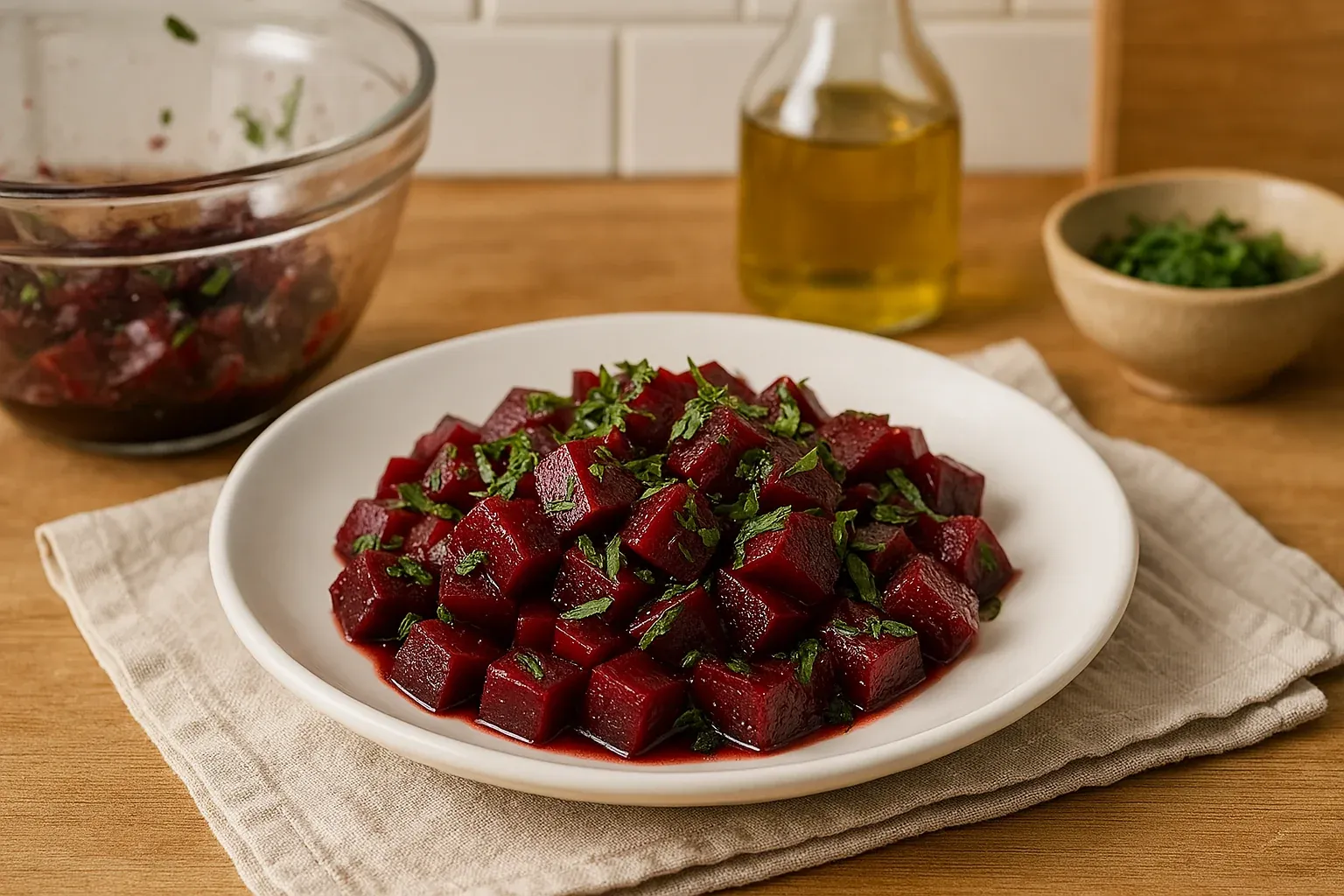 Cubed beet salad garnished with fresh herbs in a white bowl, with olive oil and chopped herbs in the background.