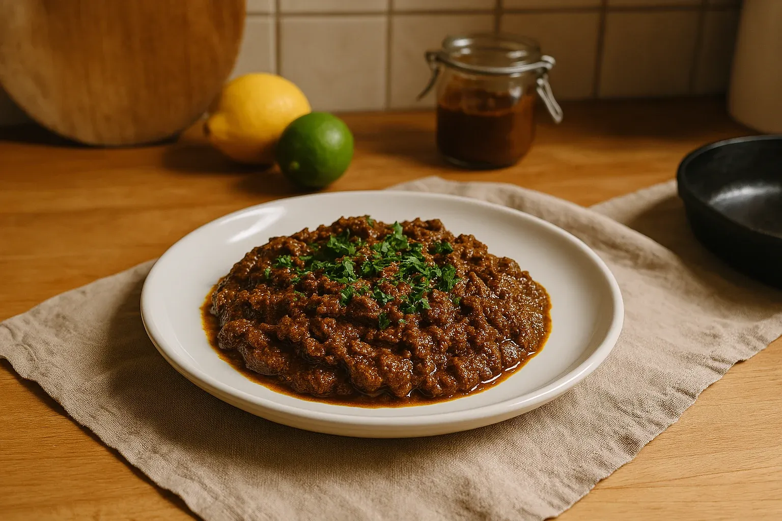 Spiced minced meat curry garnished with chopped parsley, served on a white plate.