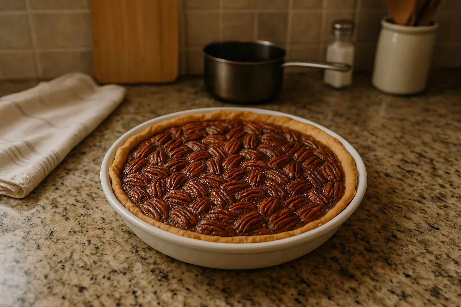 Homemade pecan pie in a white dish on a granite countertop with kitchen utensils in the background.