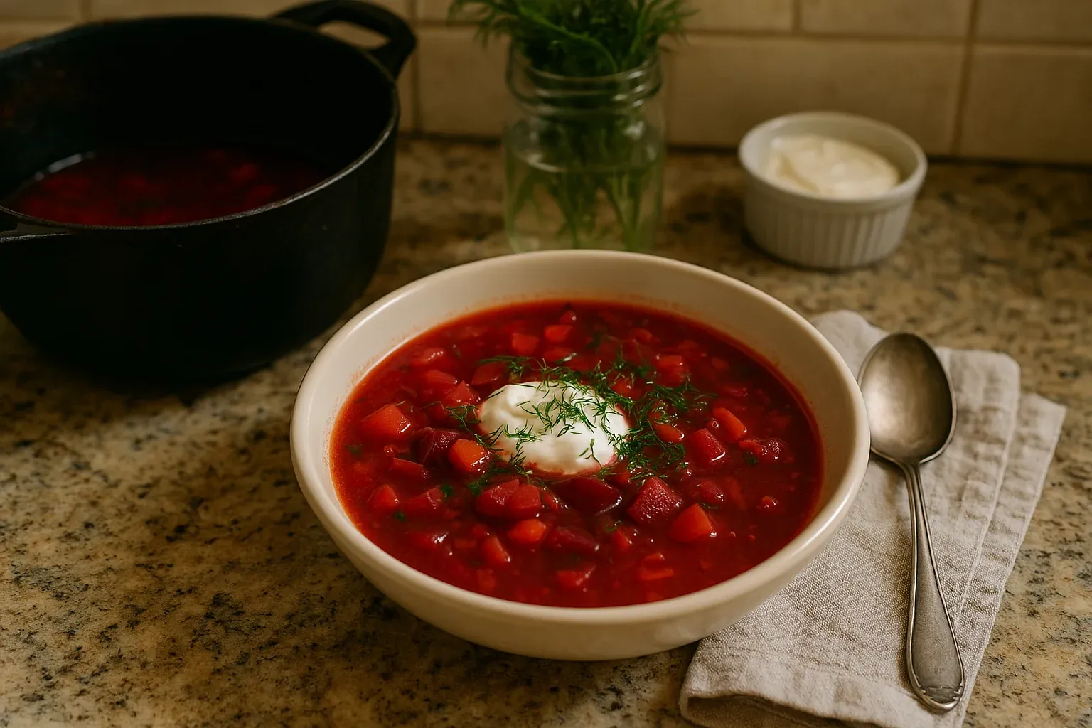 Bowl of vibrant red borscht topped with a dollop of sour cream and fresh dill, with a pot of soup and herbs in the background.