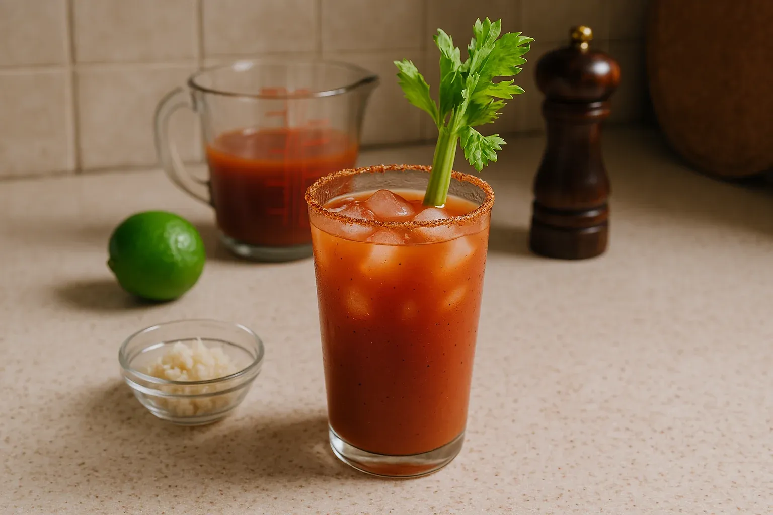 A Bloody Mary cocktail with a celery stick garnish, surrounded by a lime, grated horseradish, and a pepper grinder.