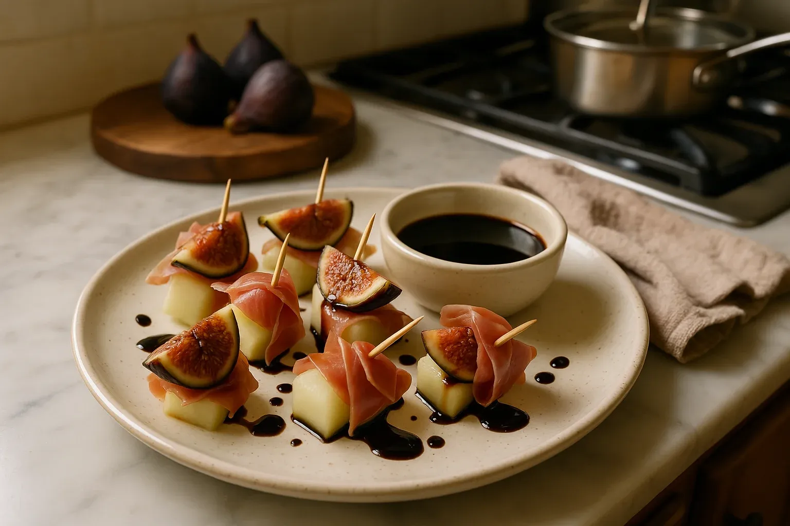 Prosciutto-wrapped melon and fig skewers with balsamic glaze on a plate, accompanied by a small bowl of dipping sauce in a cozy kitchen setting.