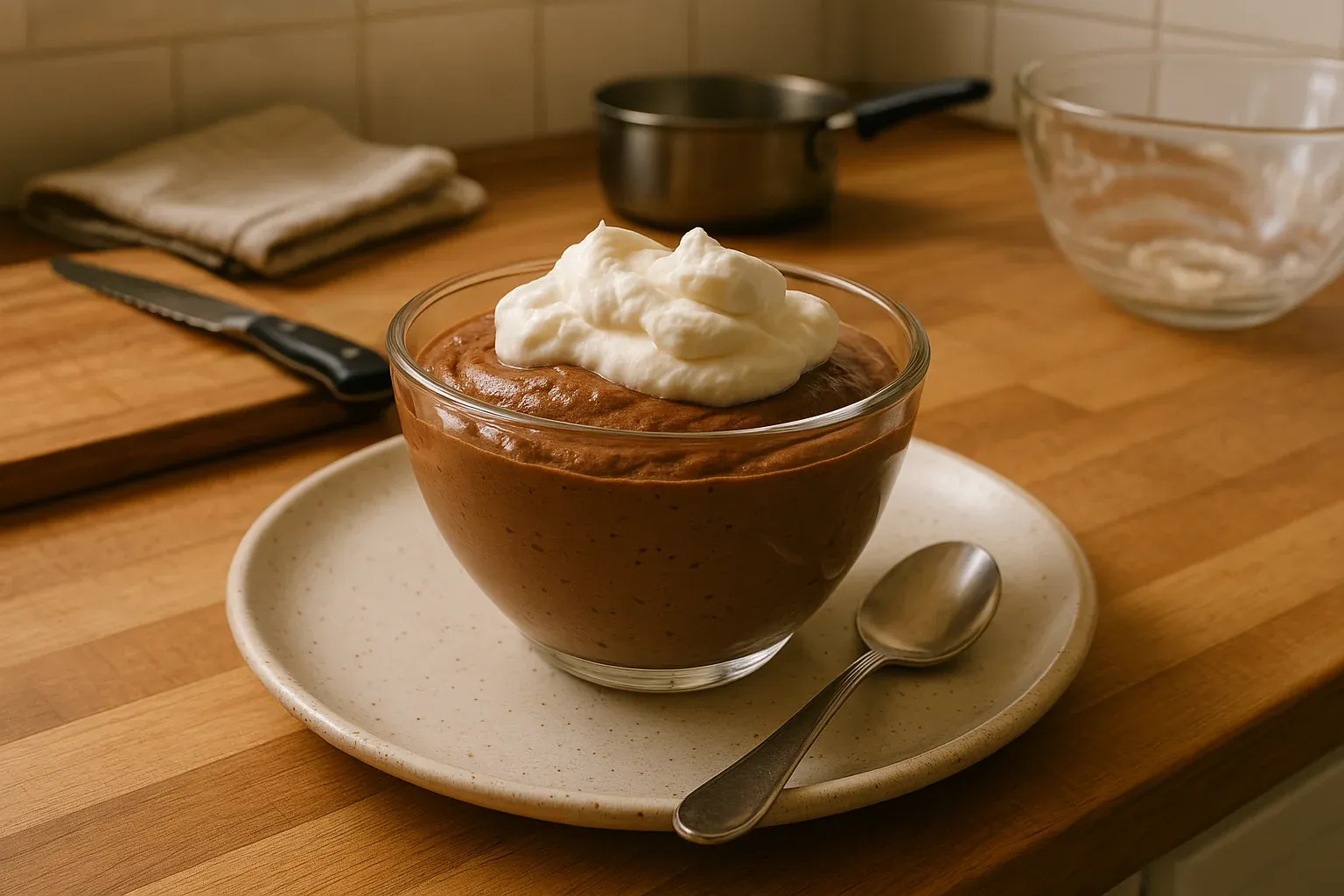 Creamy chocolate mousse topped with whipped cream in a glass bowl on a wooden countertop.