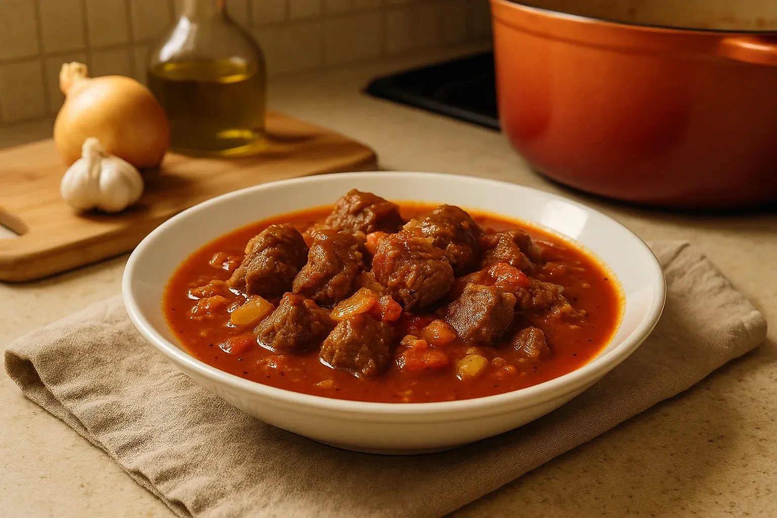 Hearty beef stew with chunks of tender meat and vegetables in a rich tomato-based broth, served in a white bowl.