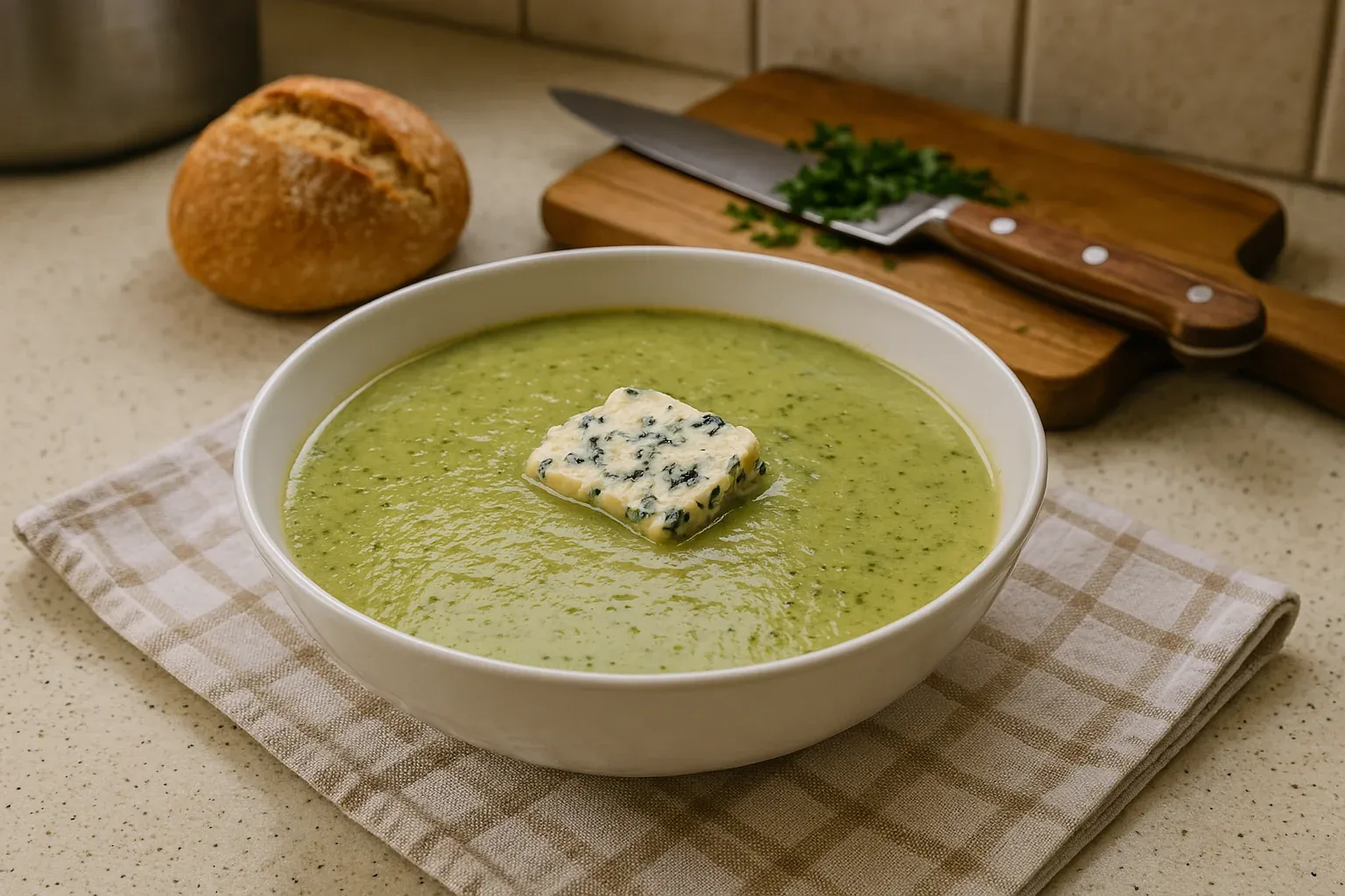 Creamy green soup topped with a square of blue cheese, served with a rustic bread roll and chopped herbs on a cutting board in the background.