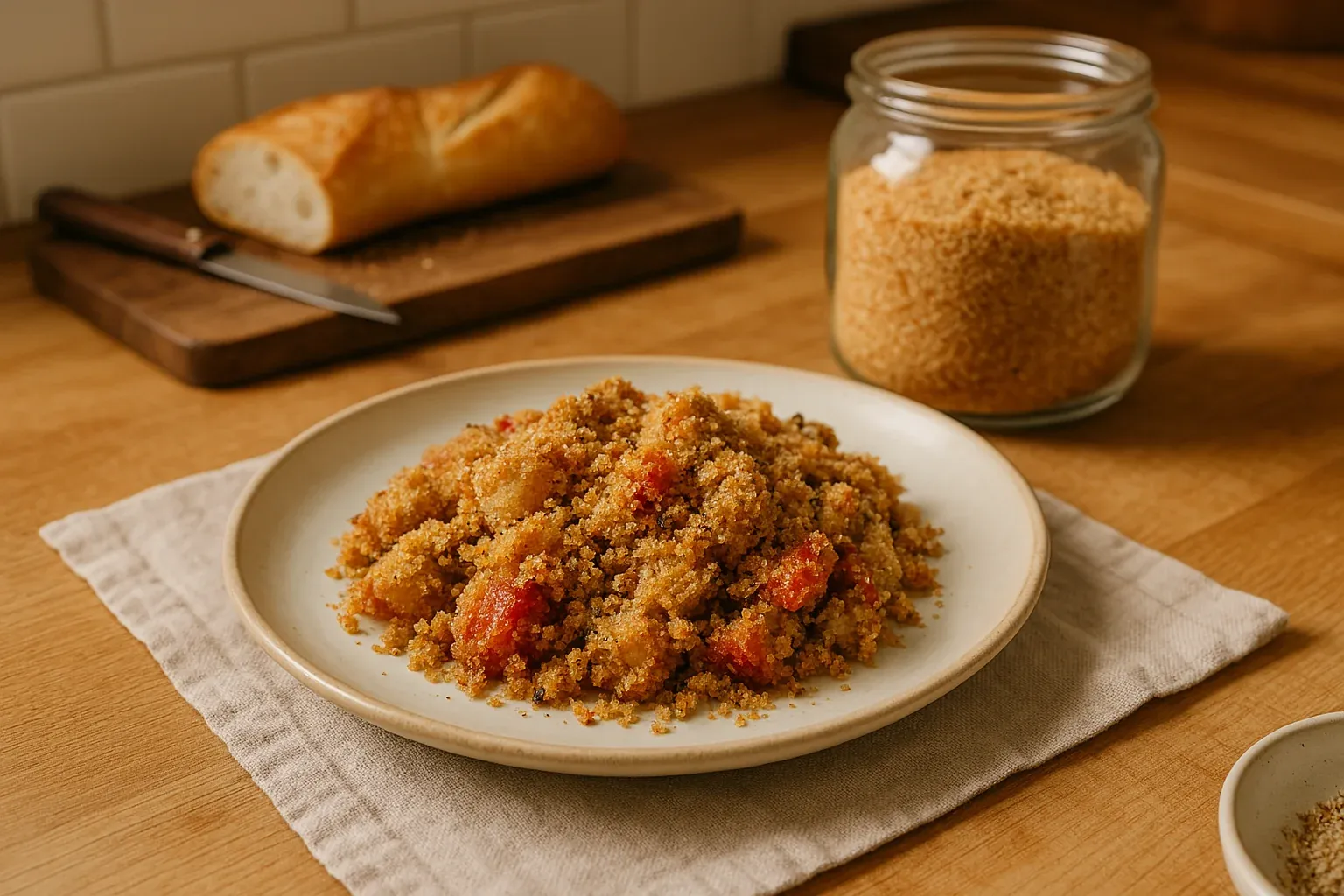 A plate of couscous with tomatoes served on a cloth napkin, accompanied by a jar of couscous and a loaf of bread in the background.