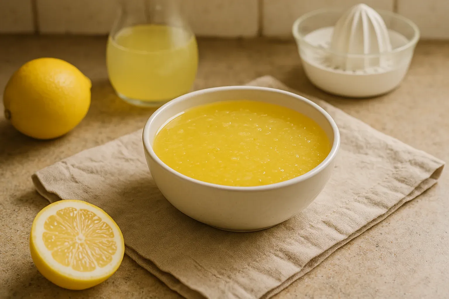 Lemon curd in a white bowl, with a lemon, lemon juice, and a citrus juicer in the background on a kitchen counter.