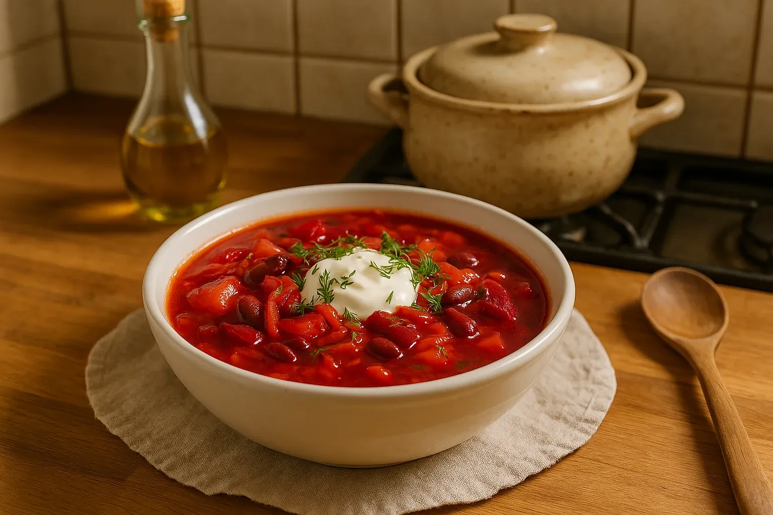 Hearty bowl of beetroot and bean soup garnished with sour cream and fresh dill, set on a wooden kitchen counter.