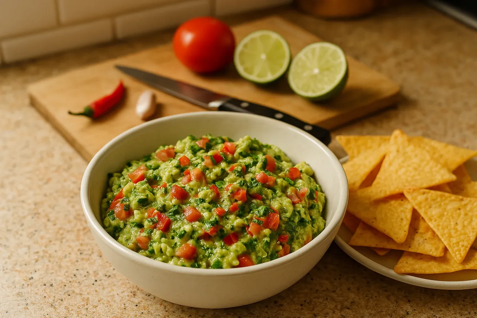 Bowl of freshly made guacamole with diced tomatoes, chopped herbs, and tortilla chips, accompanied by lime, tomato, chili, and garlic.