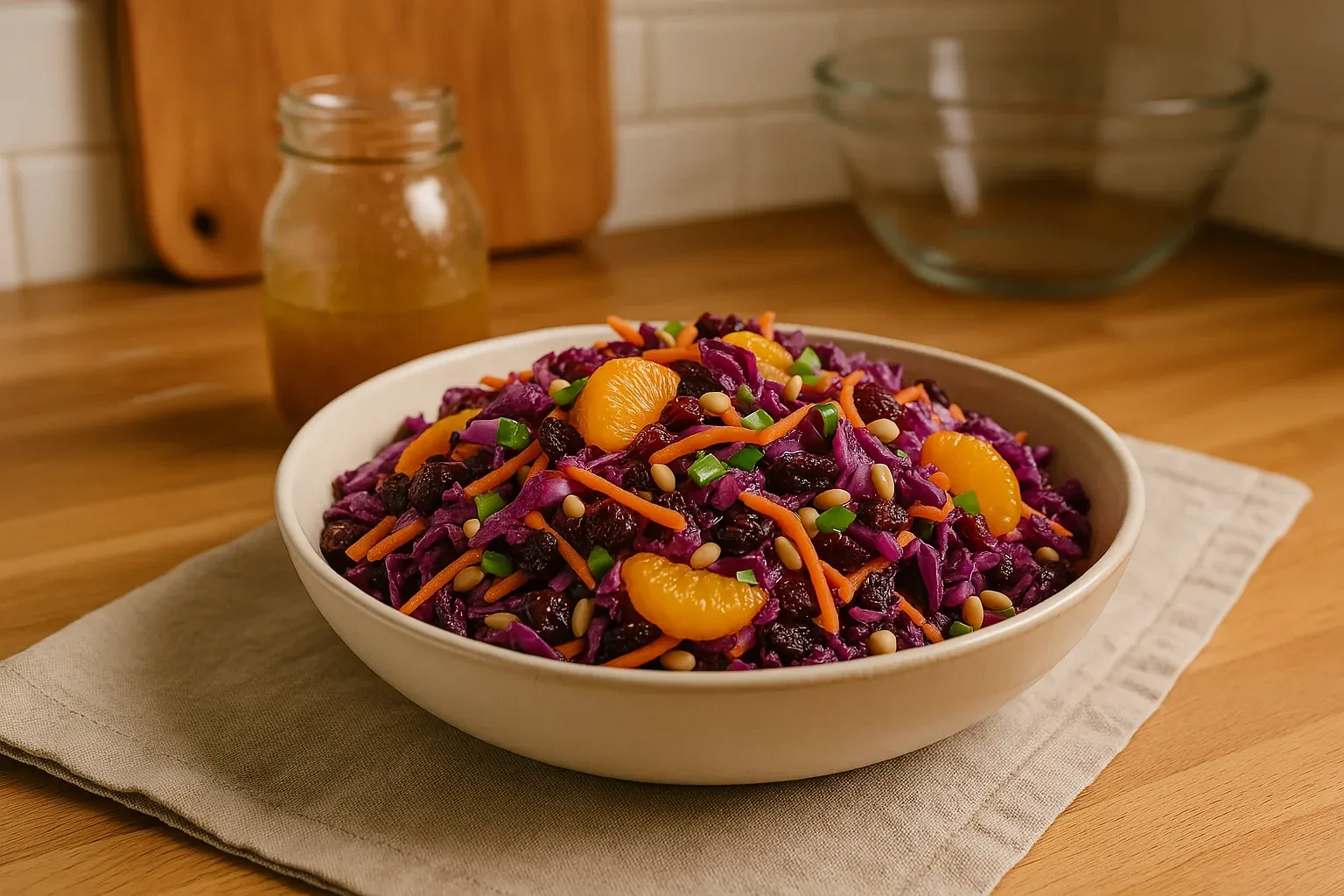 Colorful cabbage salad with carrots, mandarin slices, raisins, pine nuts, and green onions in a bowl, with a jar of dressing in the background.
