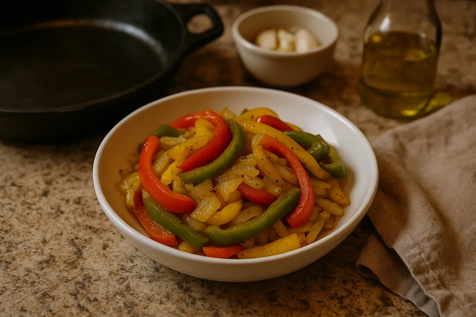 Colorful sautéed bell peppers and onions in a white bowl, with garlic, olive oil, and a cast-iron skillet in the background.