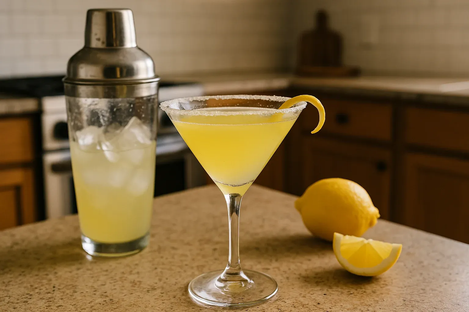 Lemon drop martini in a sugar-rimmed glass with a lemon twist, ice-filled shaker, and fresh lemons on a kitchen counter.