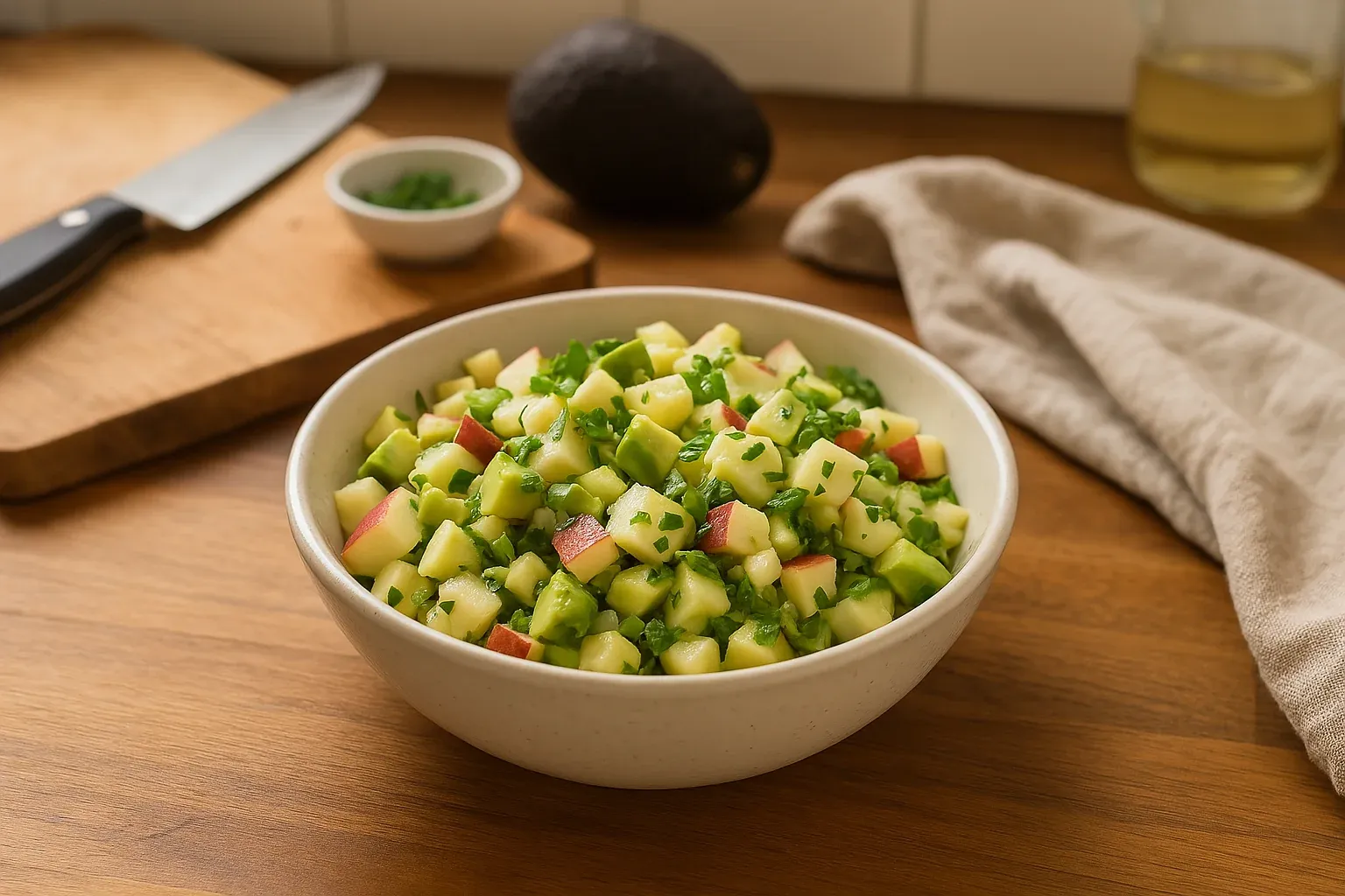 Fresh avocado and apple salad with chopped green onions in a white bowl, placed on a wooden kitchen countertop.