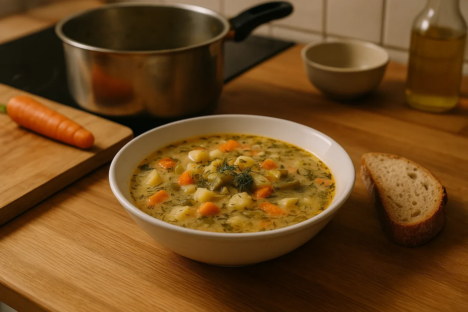 Hearty vegetable soup with carrots and potatoes served in a white bowl, accompanied by a slice of bread on a wooden table.