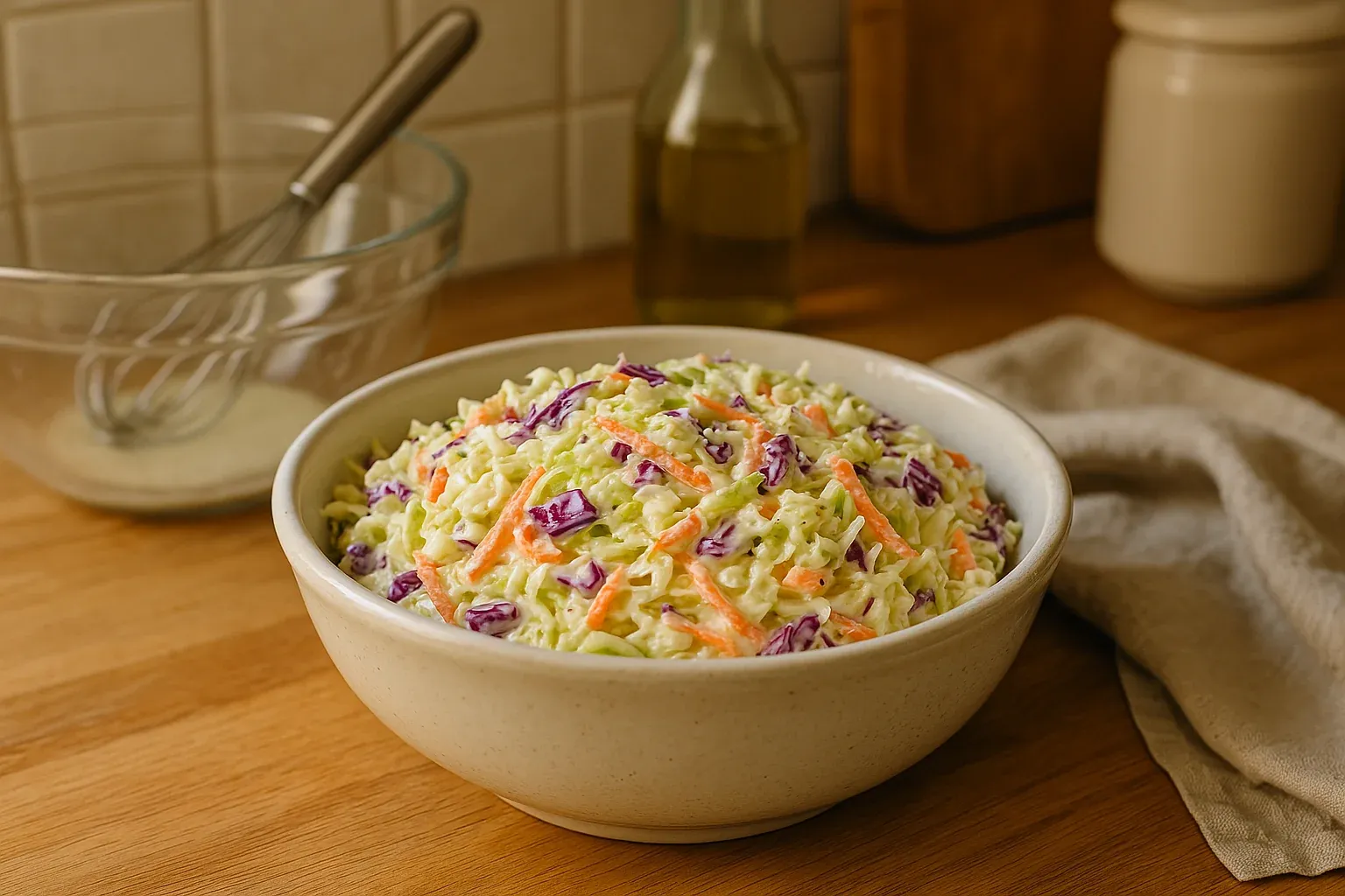 Creamy coleslaw with shredded cabbage, carrots, and purple cabbage in a white bowl on a wooden countertop.