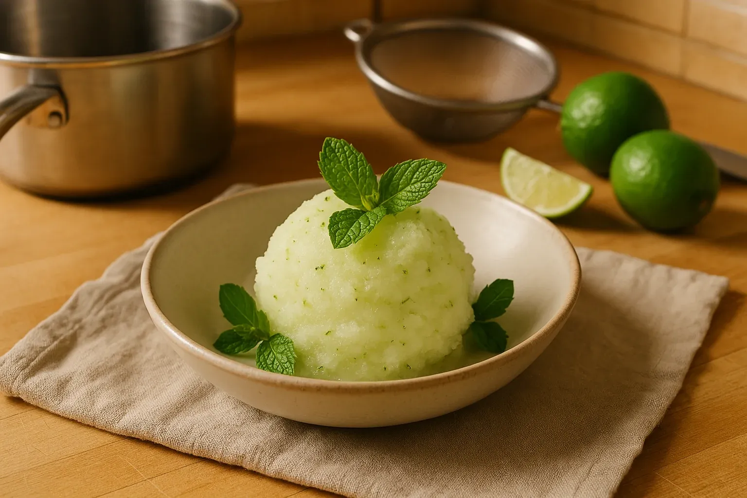 Refreshing lime sorbet garnished with mint leaves in a bowl, with limes and kitchen utensils in the background.