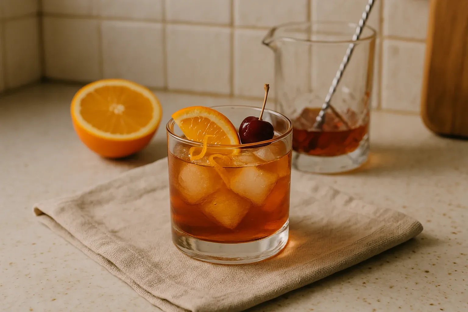 Classic Old Fashioned cocktail garnished with an orange slice and cherry, served on a napkin with a half orange and mixing glass in the background.