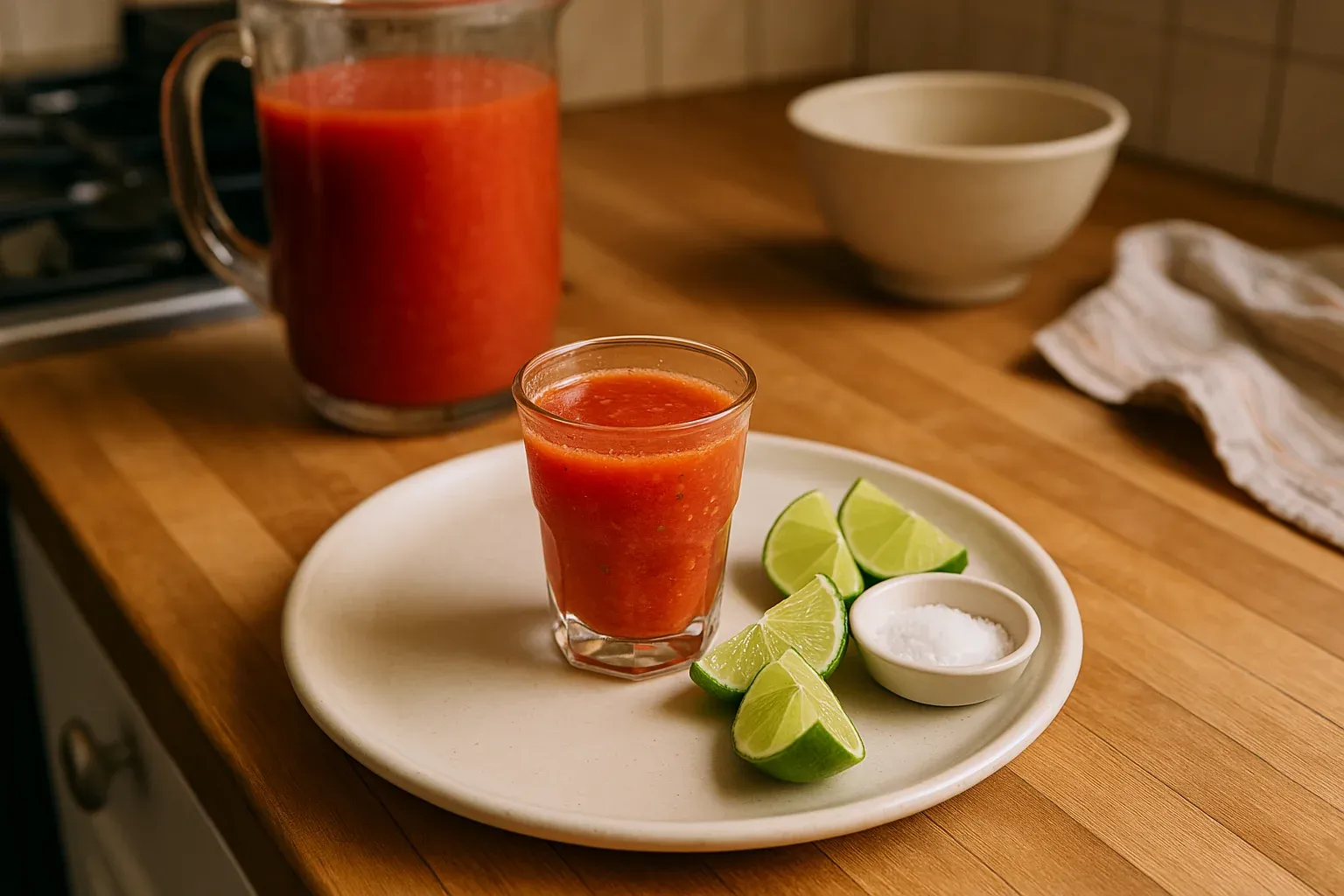 Fresh tomato juice served in a glass with lime wedges and salt on a plate, with a pitcher of tomato juice in the background.