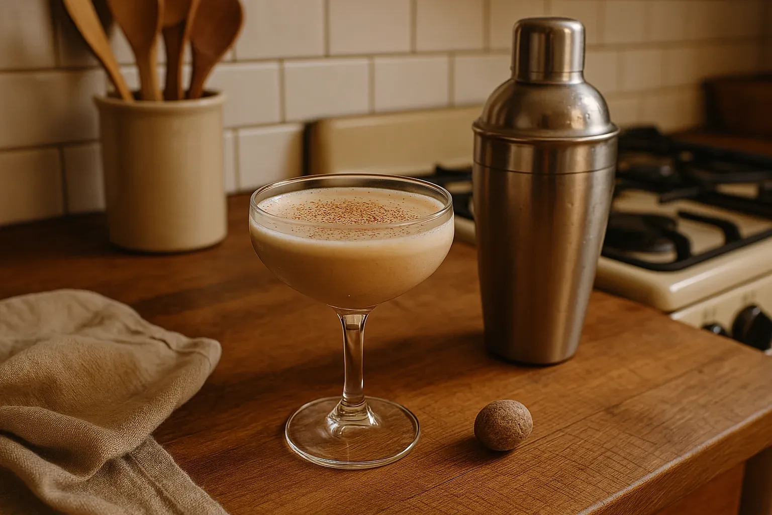 Creamy cocktail in a coupe glass, garnished with nutmeg, next to a cocktail shaker on a wooden kitchen counter.