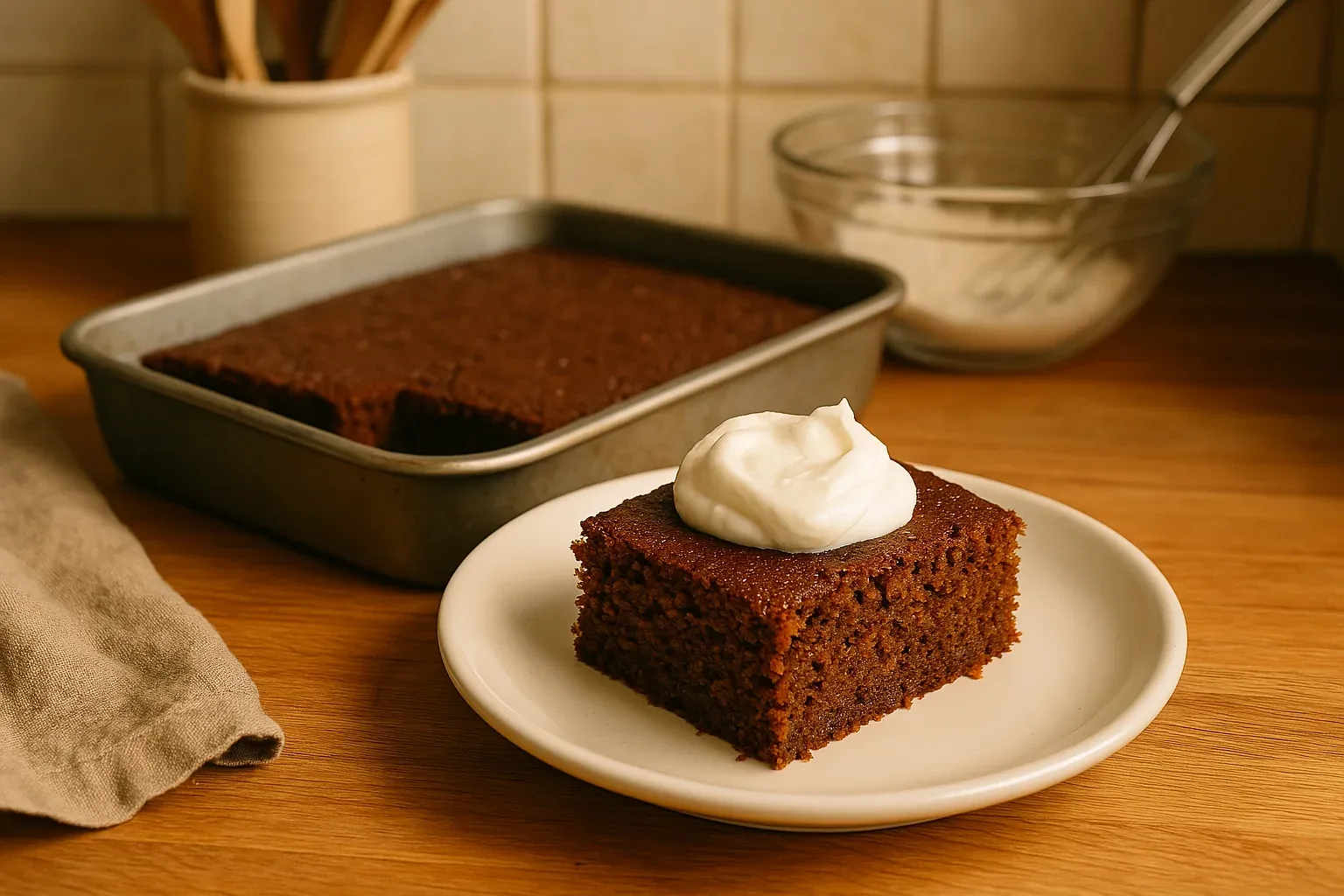 Gingerbread cake slice with whipped cream on a plate, with the rest of the cake in a baking pan in the background.