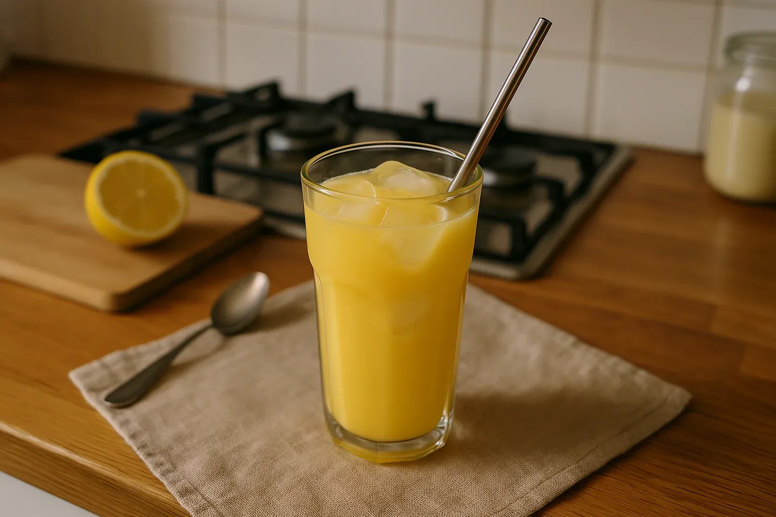A glass of freshly squeezed orange juice with ice, a metal straw, and a spoon on a kitchen counter with a halved lemon in the background.