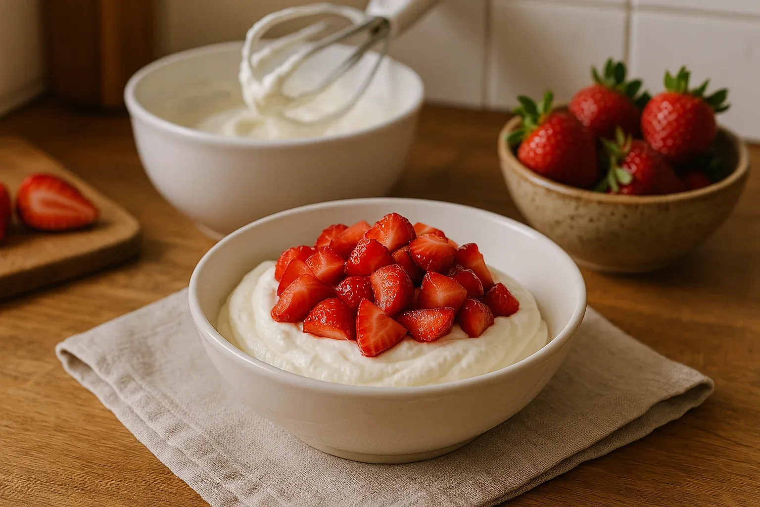 Whipped cream topped with fresh strawberry pieces in a white bowl on a wooden table, with a whisk and more strawberries in the background.
