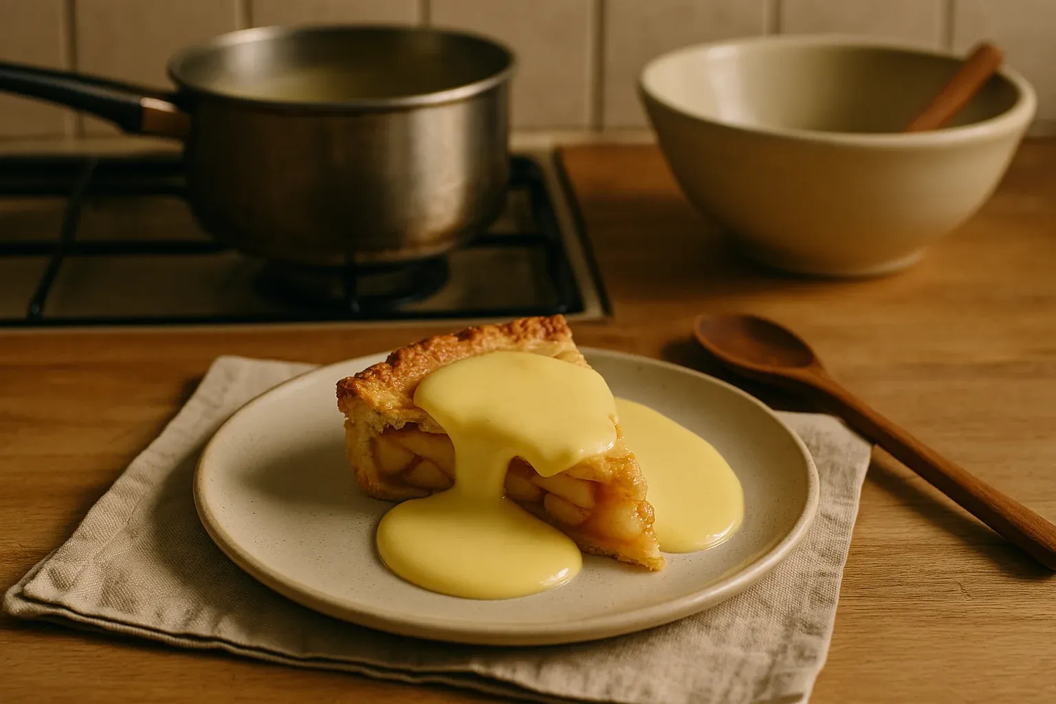 Slice of apple pie topped with creamy custard sauce on a ceramic plate, set on a wooden kitchen counter with a saucepan and bowl in the background.