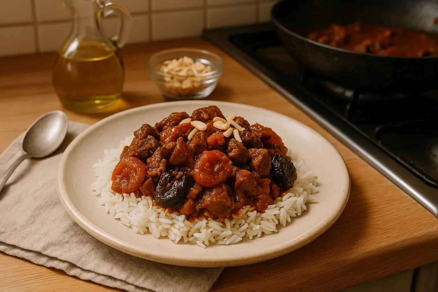 Hearty beef stew with carrots and prunes served over a bed of rice, garnished with slivered almonds.