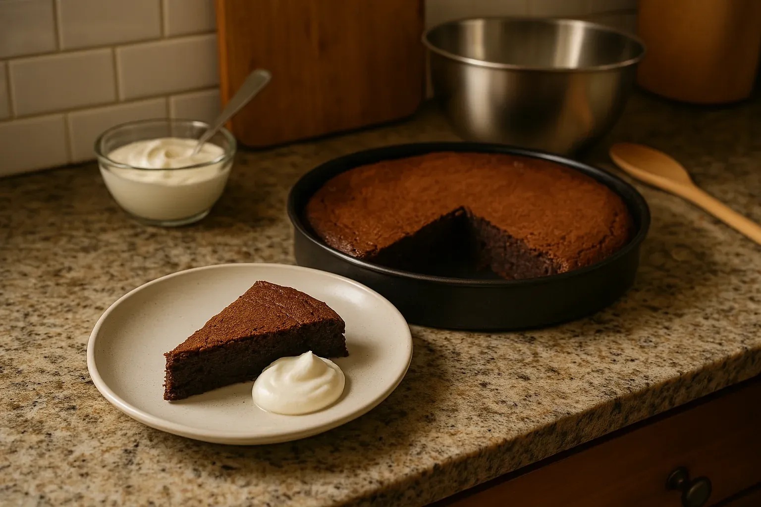 Decadent chocolate cake slice with whipped cream on a plate, whole cake in background on granite kitchen counter.