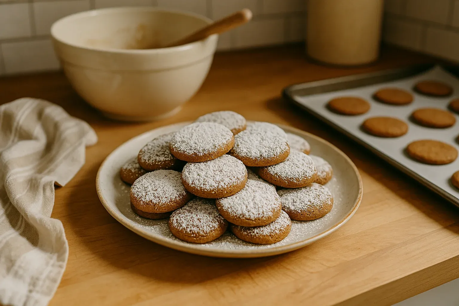 A plate of freshly baked, powdered sugar-coated cookies next to a baking sheet and mixing bowl on a wooden countertop.