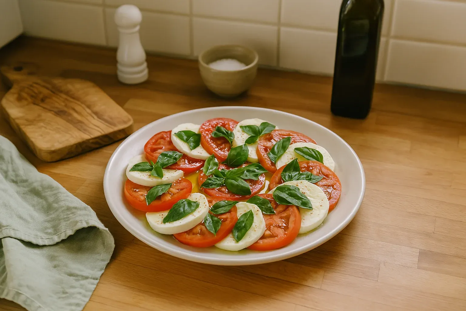 Caprese salad with sliced tomatoes, fresh mozzarella, and basil leaves on a white plate, set on a wooden countertop.