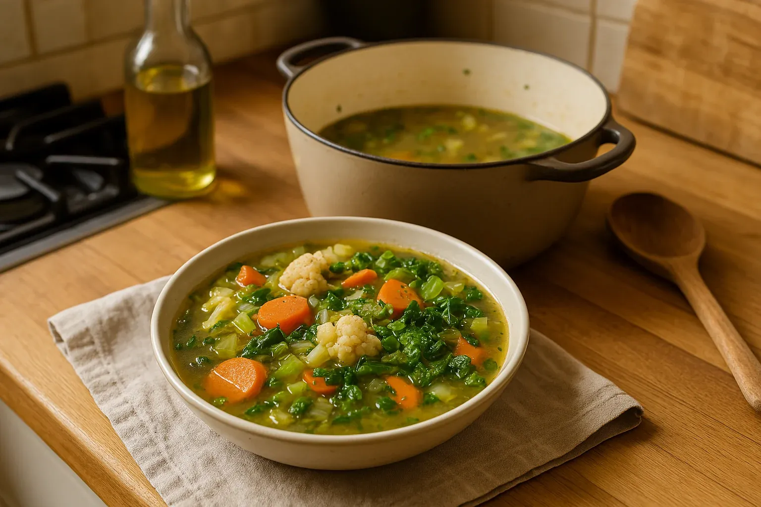 Homemade vegetable soup with carrots, cauliflower, and leafy greens served in a bowl with a pot in the background on a wooden countertop.