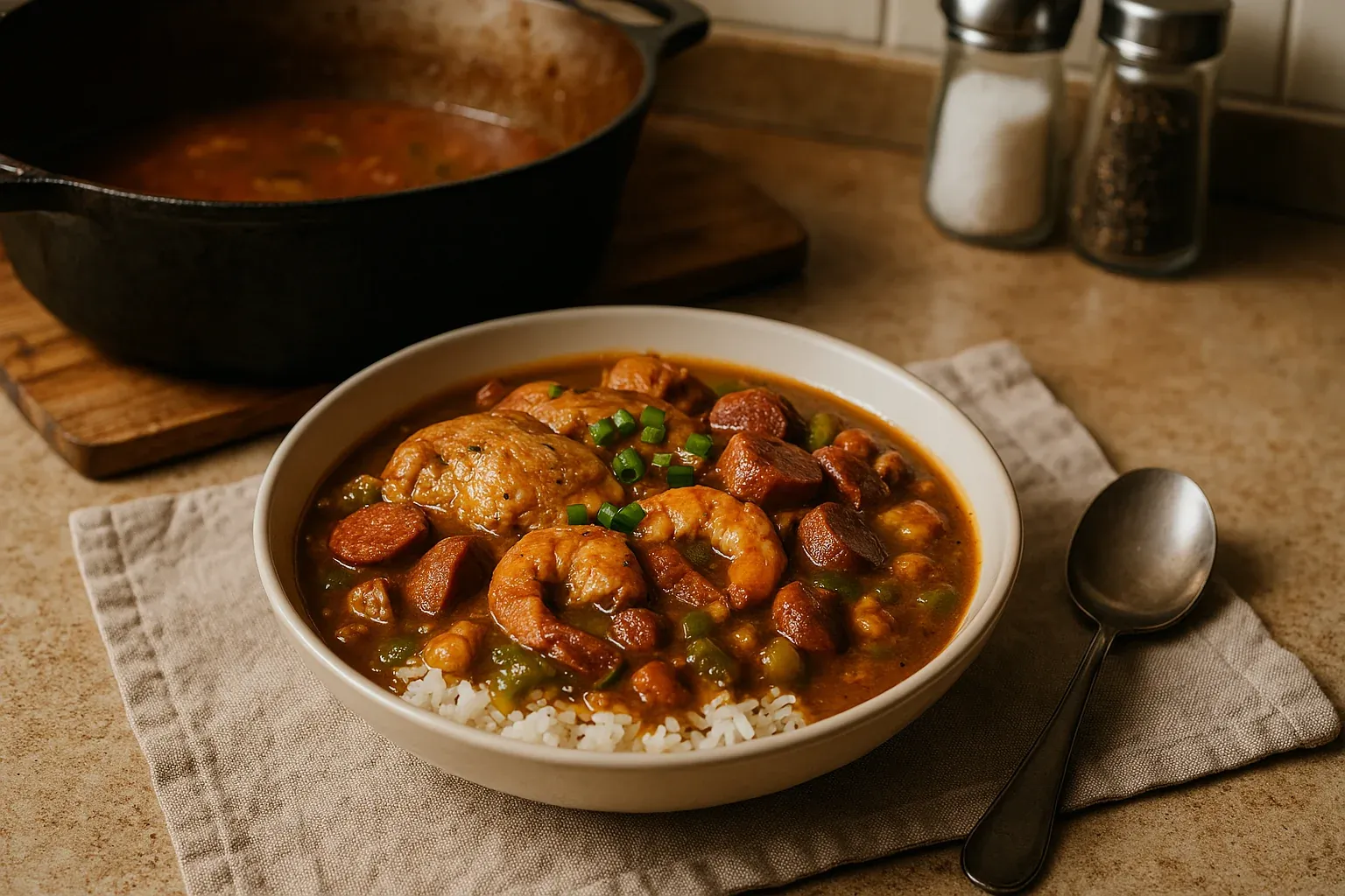 Hearty bowl of gumbo with shrimp, sausage, and chicken served over rice, garnished with green onions, with a pot in the background.