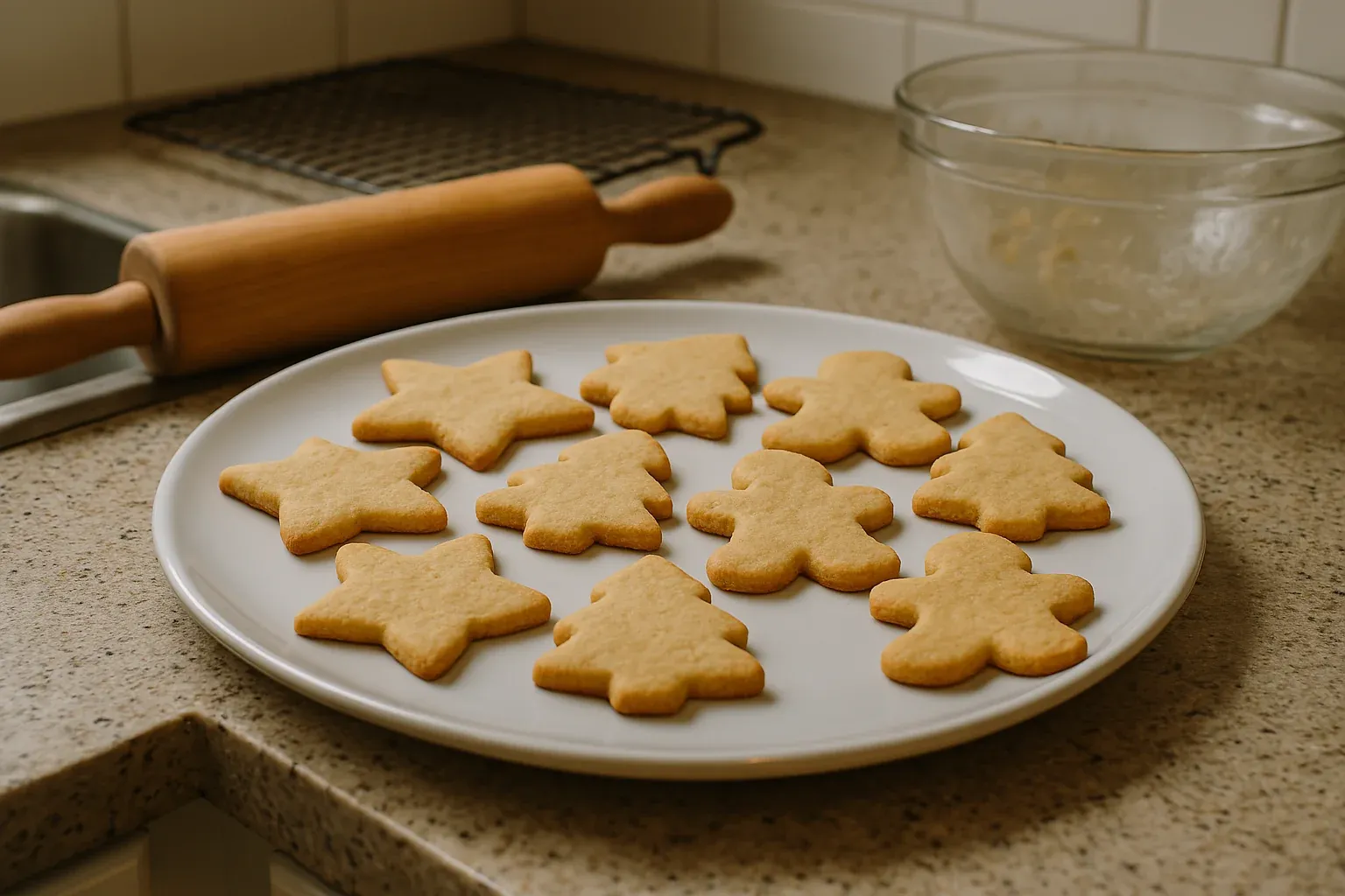 A plate of freshly baked star, Christmas tree, and gingerbread man-shaped cookies on a kitchen counter, with a rolling pin and mixing bowl nearby.