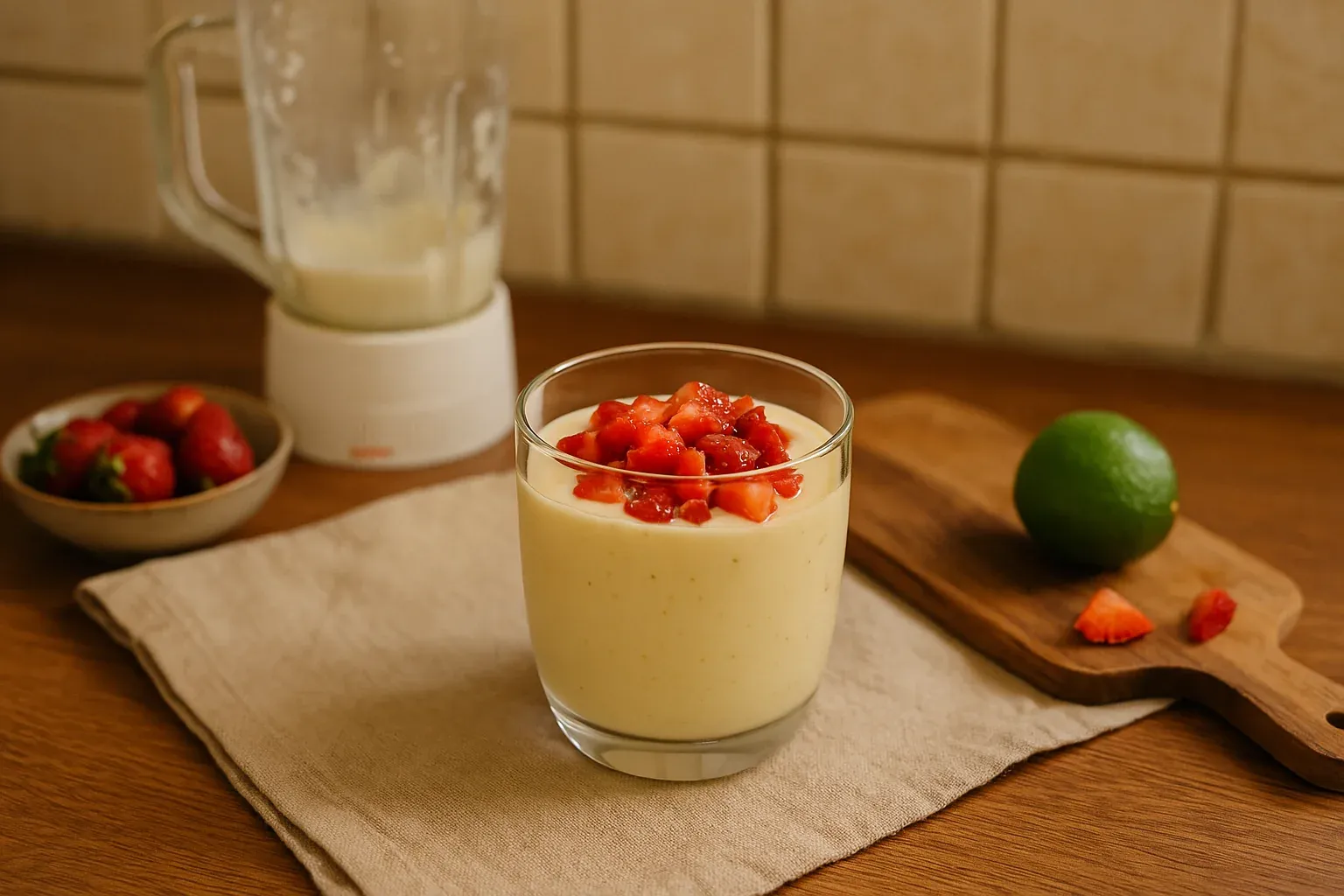 Creamy smoothie topped with diced strawberries, blender in background, fresh strawberries and lime on the side.