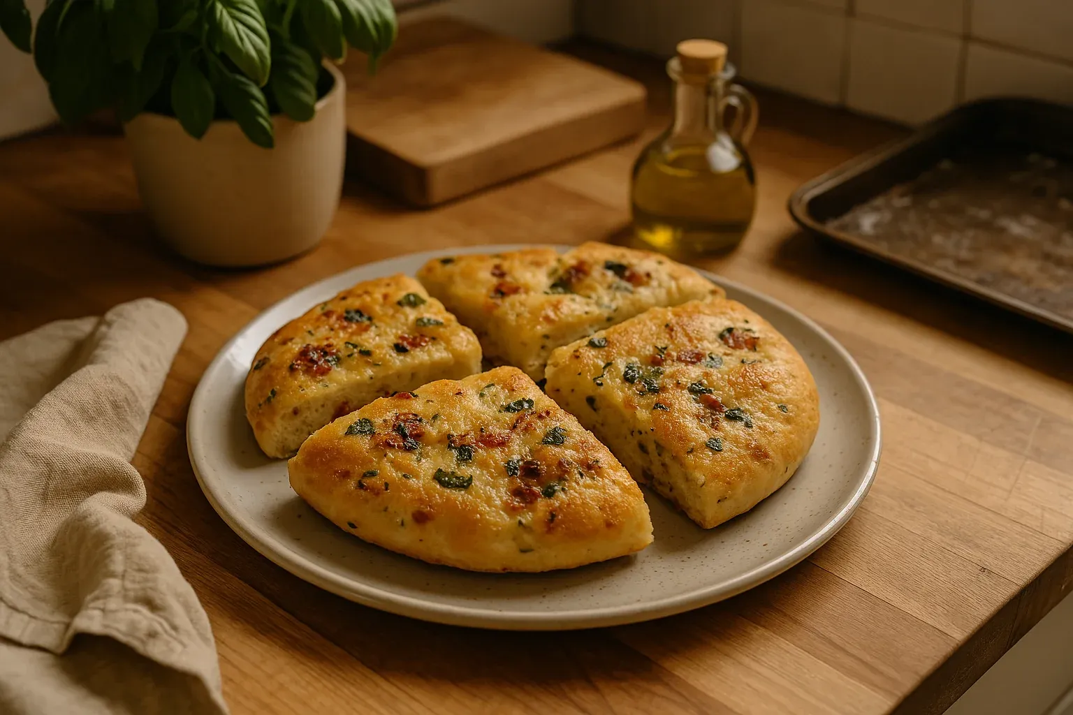Golden focaccia slices with herbs and sun-dried tomatoes on a plate, next to olive oil and fresh basil on a wooden kitchen counter.