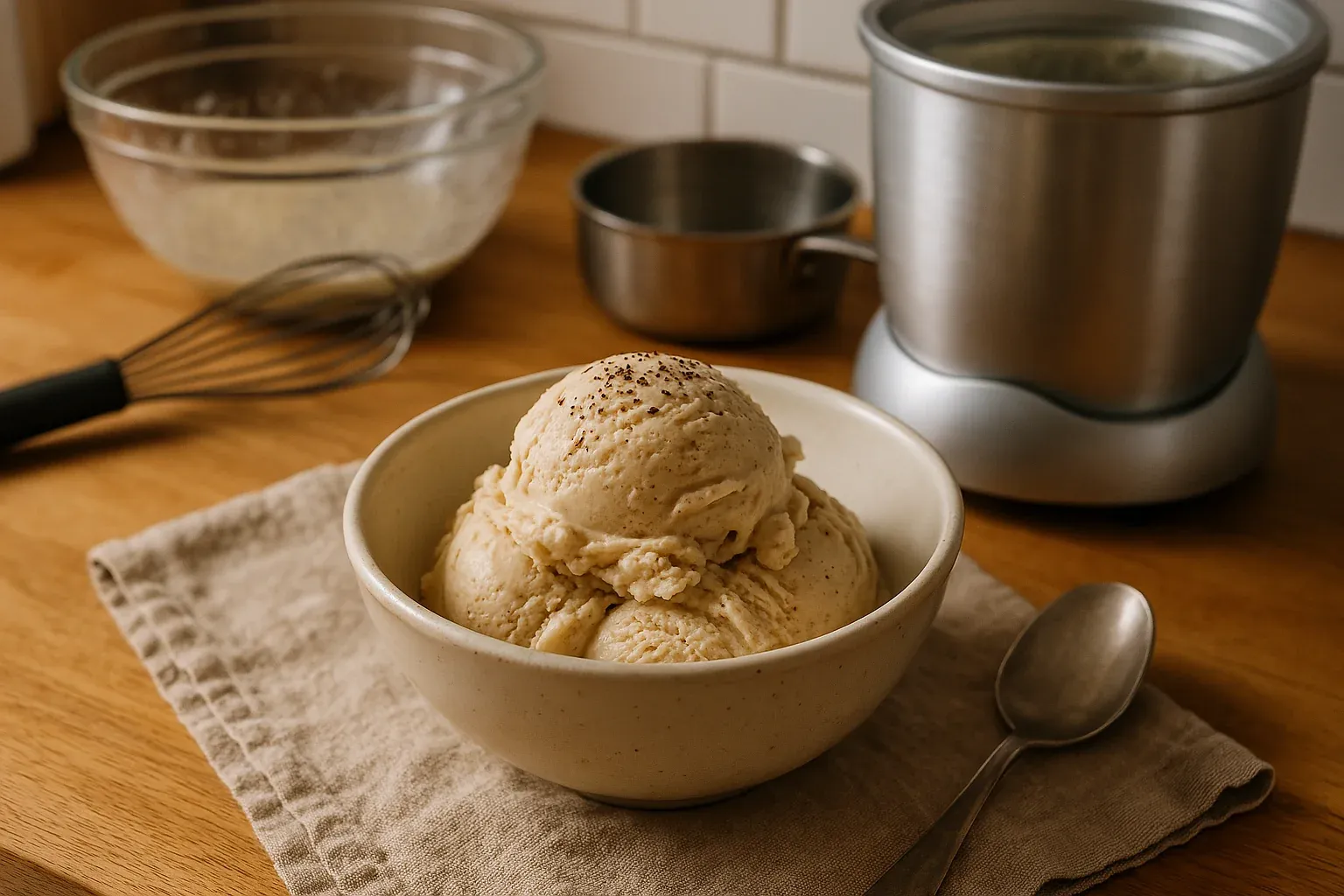Creamy homemade ice cream in a bowl, surrounded by kitchen utensils on a wooden countertop, ready for serving.