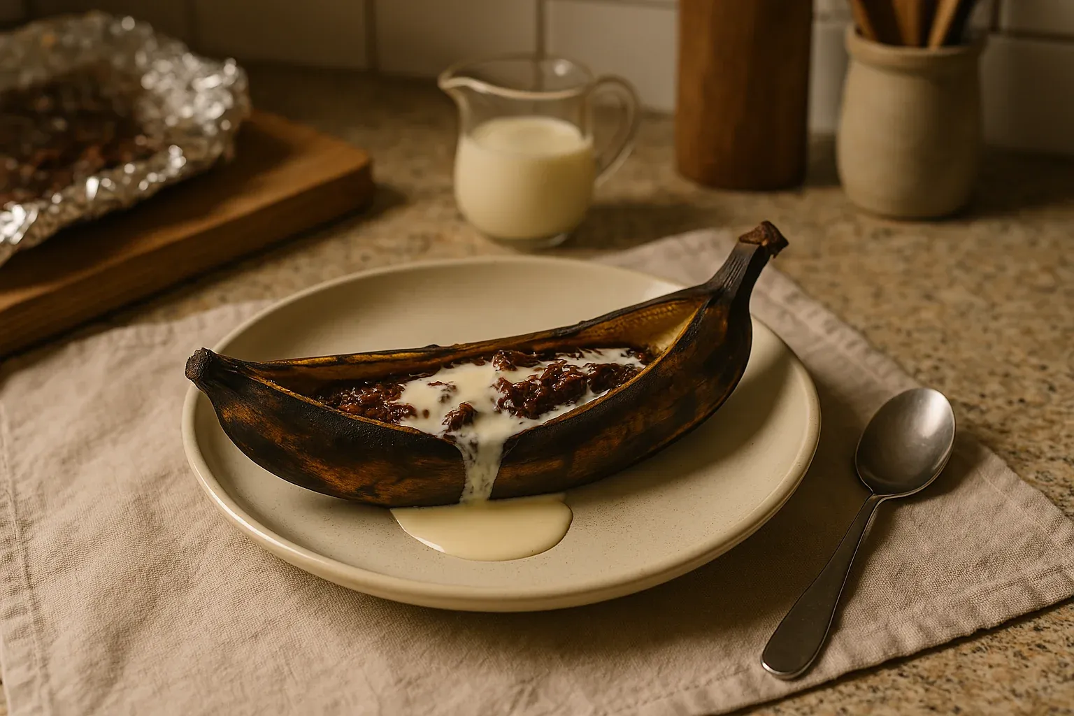 Baked banana split open, filled with melted chocolate and topped with cream, served on a plate with a spoon on the side.