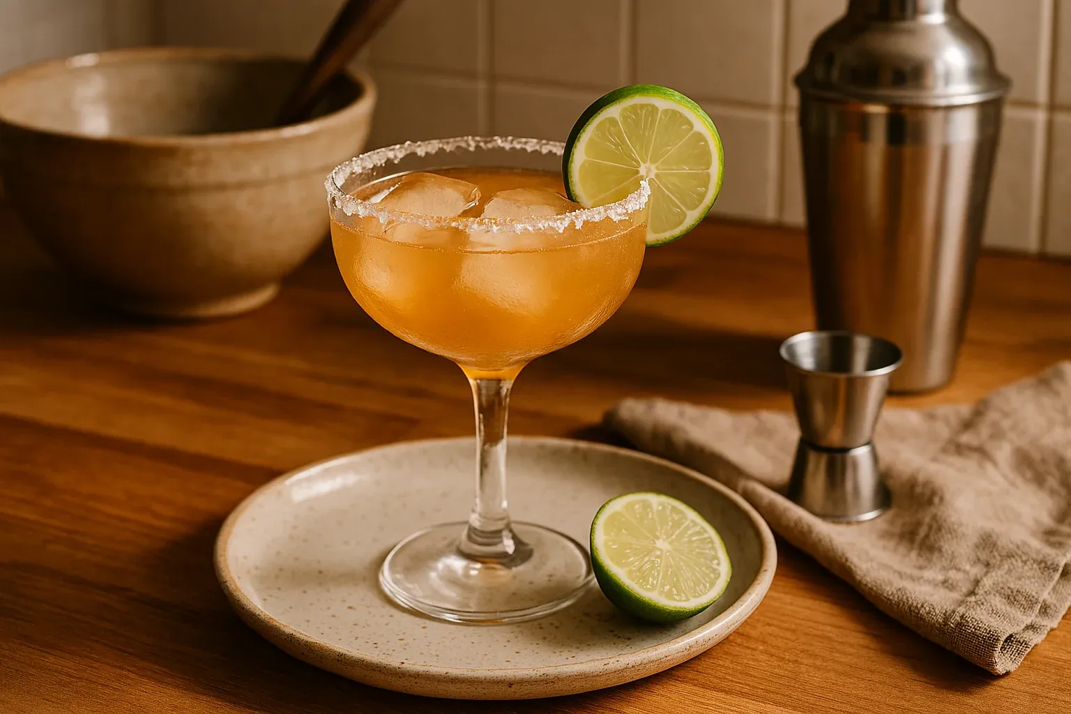 A margarita cocktail with a salted rim and lime garnish, served on a plate with a lime half, alongside a jigger and cocktail shaker.