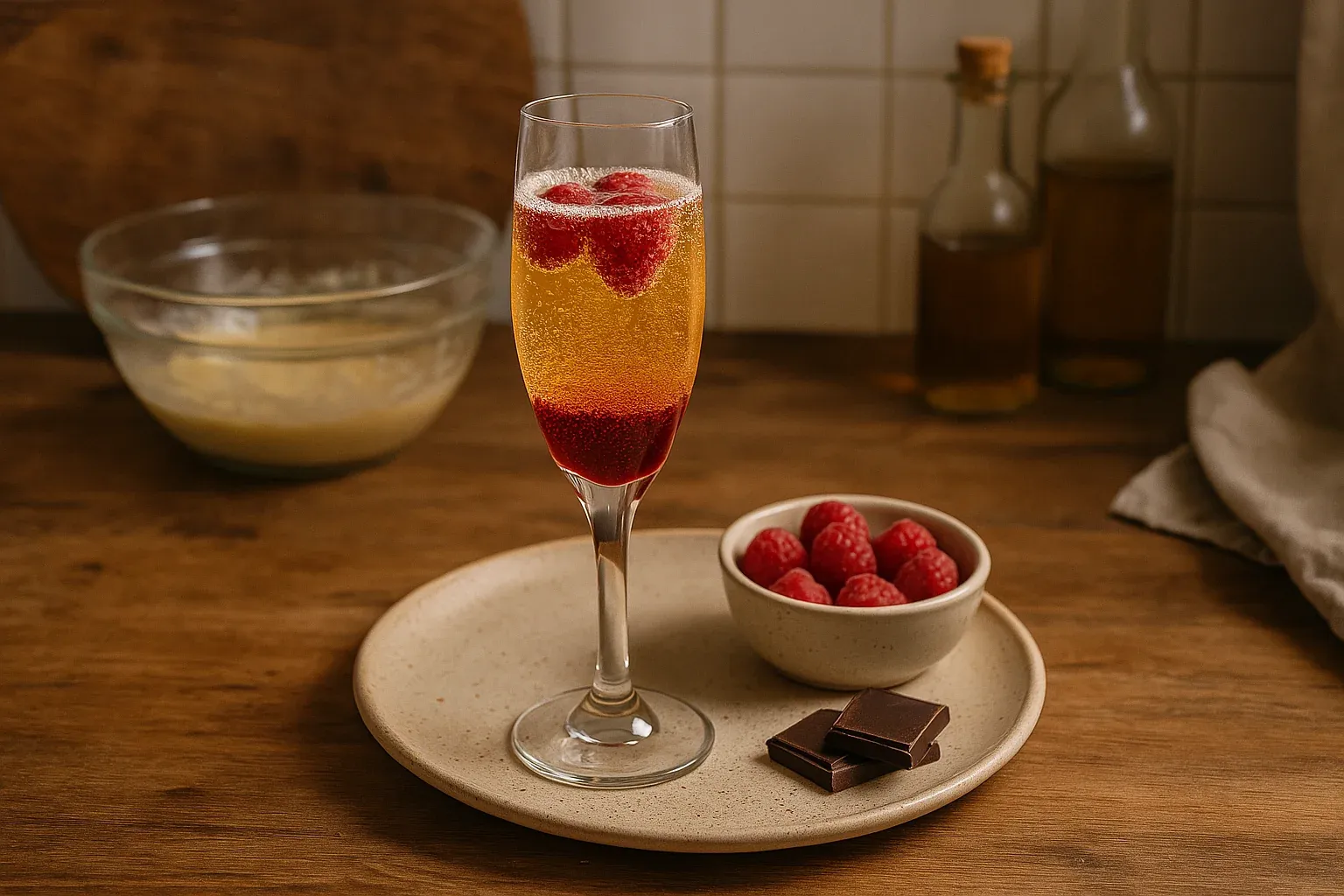 Champagne flute with raspberries, accompanied by a bowl of fresh raspberries and dark chocolate squares on a ceramic plate.