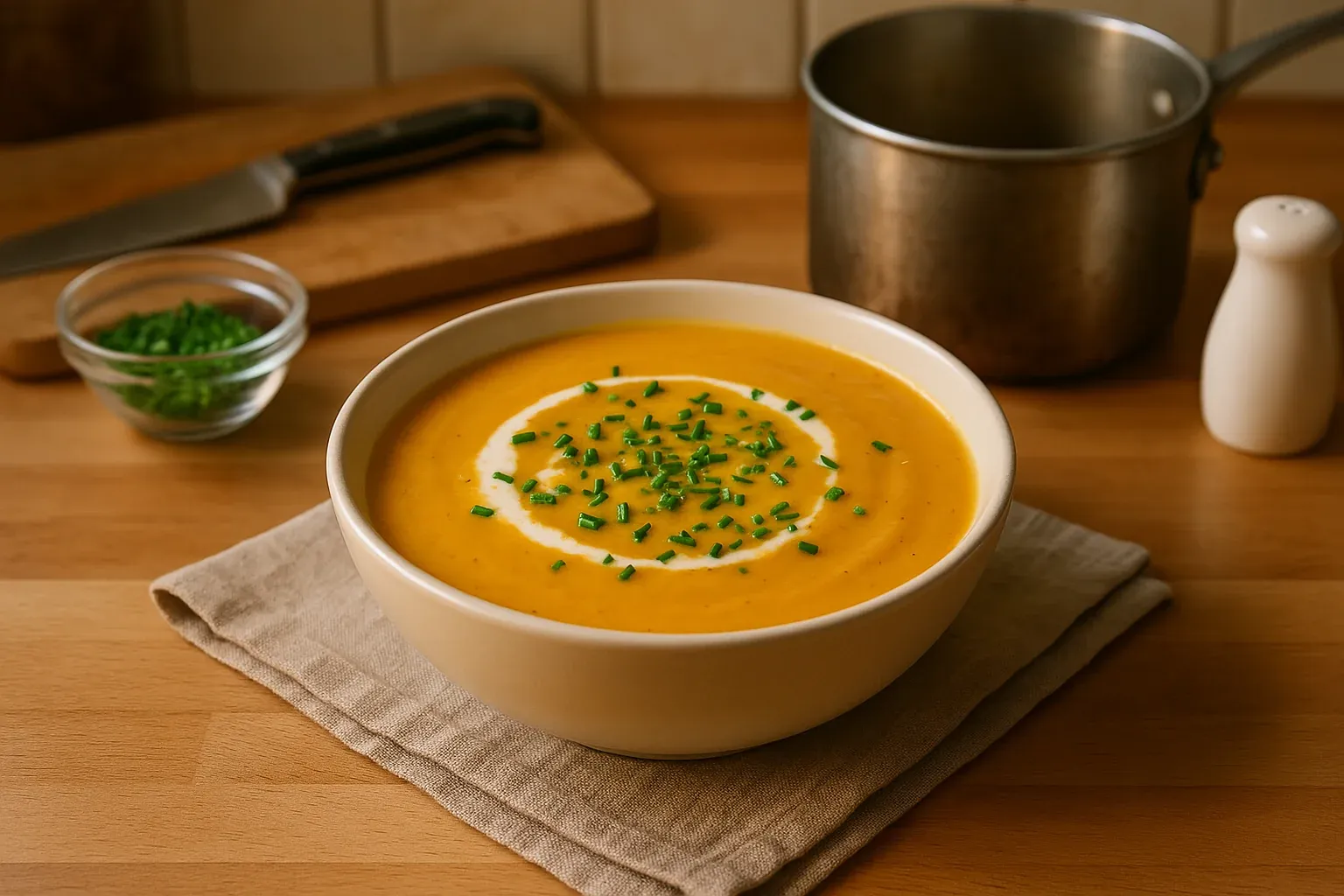 Creamy pumpkin soup garnished with chives and a swirl of cream, served in a bowl on a wooden countertop with a pot and knife nearby.