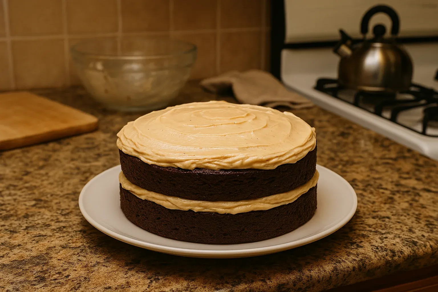 Two-layer chocolate cake with creamy peanut butter frosting on a white plate in a kitchen setting.