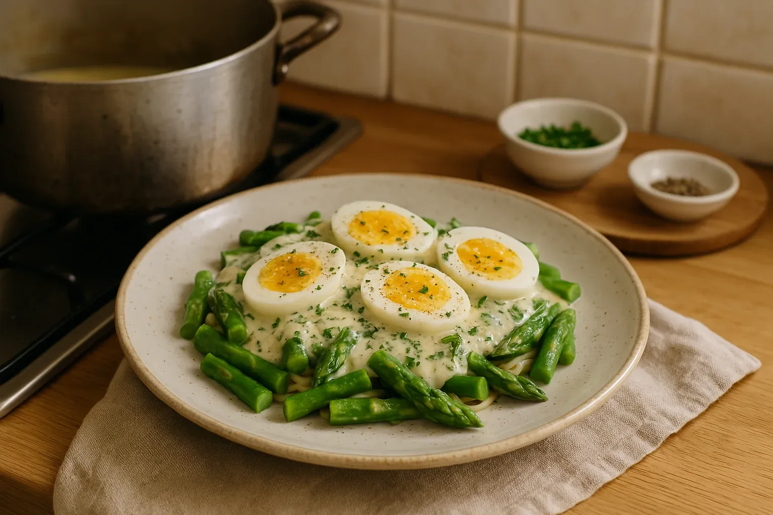 Creamy asparagus pasta topped with sliced boiled eggs, garnished with fresh herbs.
