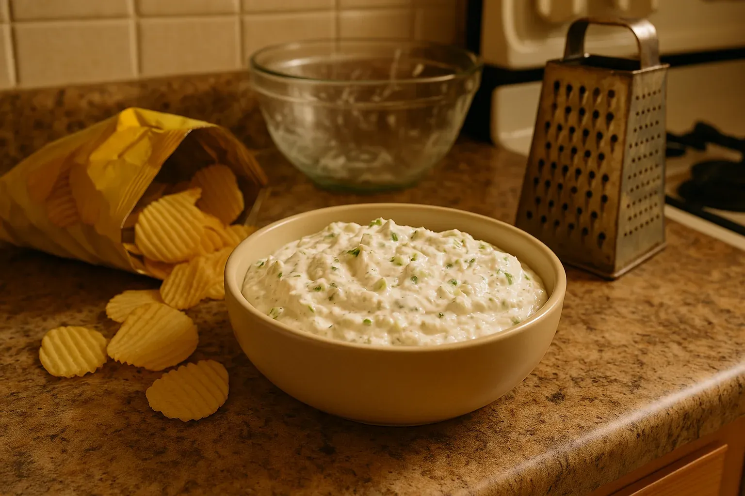 Creamy dip in a bowl surrounded by ridged potato chips on a kitchen counter with a cheese grater in the background.