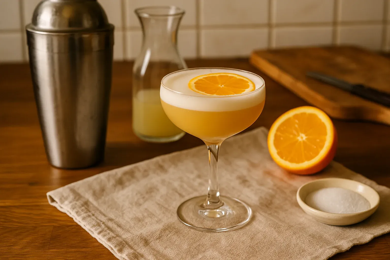 Elegant cocktail in a coupe glass garnished with an orange slice, surrounded by cocktail shaker, juice, and fresh orange on a recipe site.