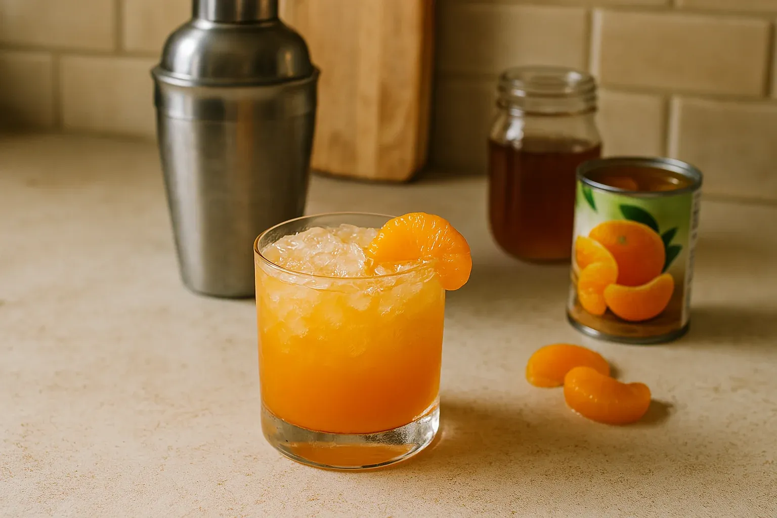 Mandarin orange cocktail in a glass with crushed ice, garnished with a mandarin slice, surrounded by a shaker, honey jar, and canned oranges.