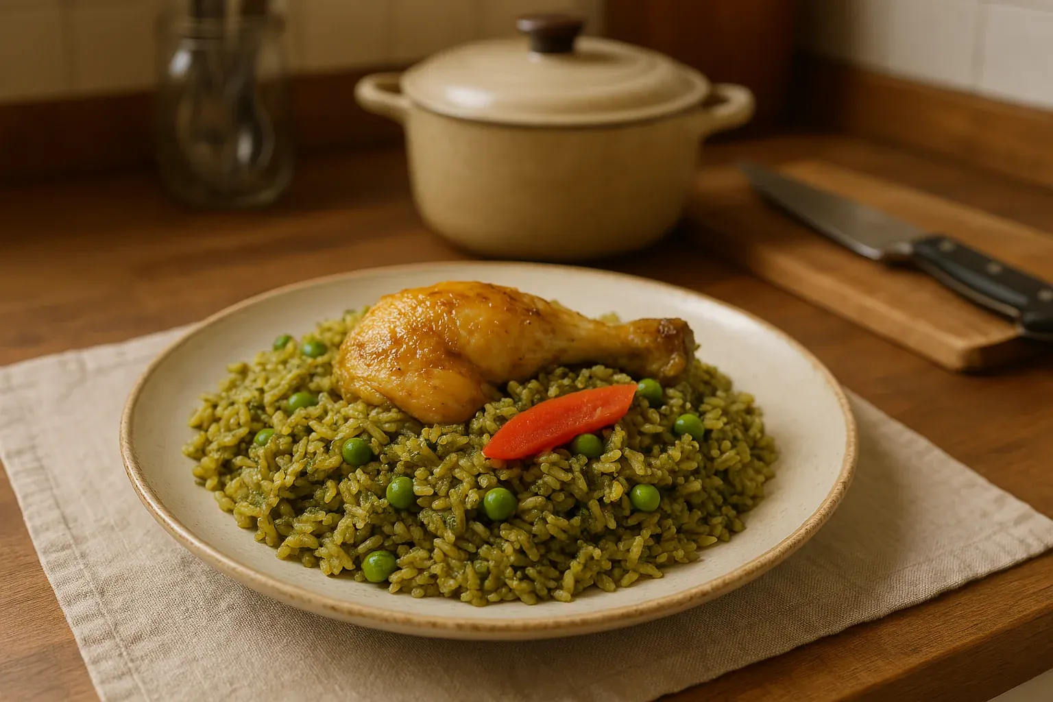 Peruvian arroz con pollo with a chicken drumstick, green peas, and a red pepper slice served on a beige plate.